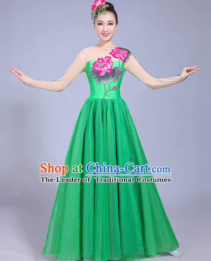 Traditional Chinese Classical Lotus Dance Embroidered Costume, China Yangko Folk Dance Green Dress Clothing for Women