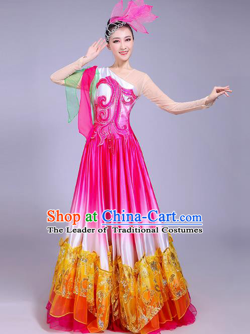 Traditional Chinese Modern Dance Opening Dance Big Swing Dress Clothing, China Folk Dance Lotus Dance Costume for Women