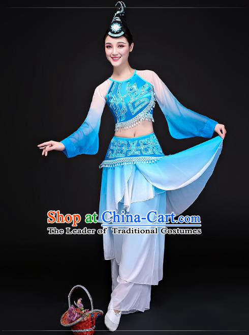 Traditional Chinese Classical Dance Umbrella Dance Blue Uniforms, China Folk Dance Yangko Clothing for Women