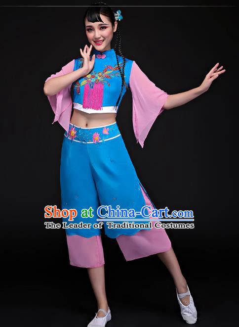 Traditional Chinese Classical Dance Umbrella Dance Embroidered Uniforms, China Folk Dance Yangko Clothing for Women