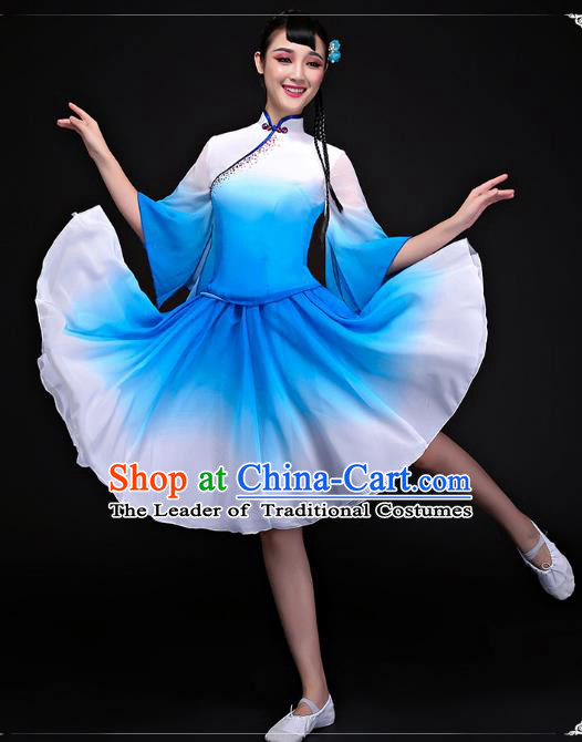 Traditional Chinese Classical Dance Fan Dance Costume, China Yangko Folk Dance Blue Dress Clothing for Women