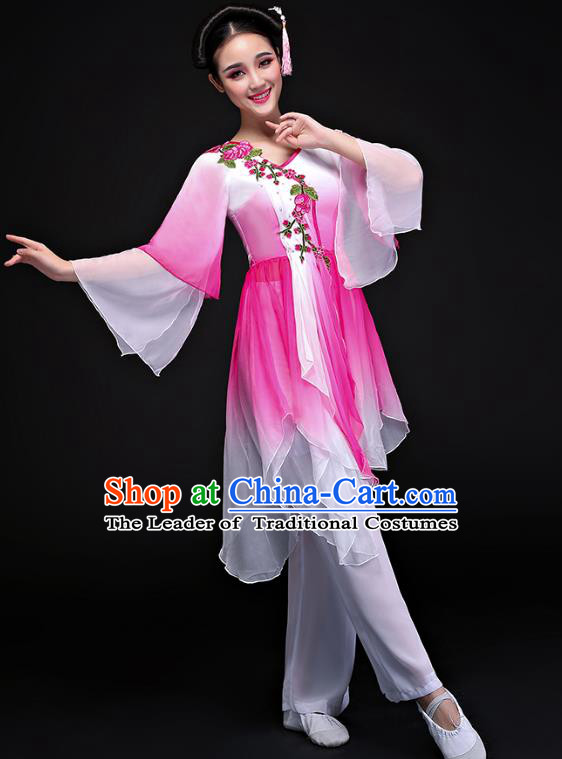 Traditional Chinese Classical Yangge Fan Dance Pink Costume, China Yangko Folk Dance Clothing for Women