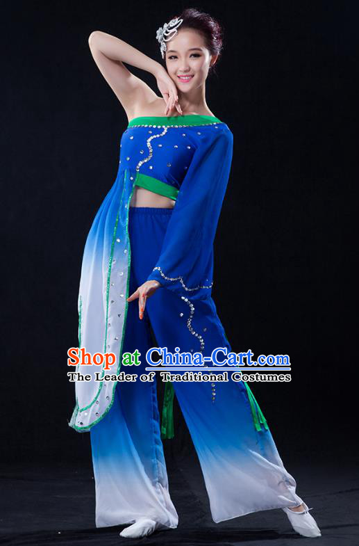Traditional Chinese Classical Yangge Fan Dance Costume, China Yangko Folk Dance Blue Clothing for Women