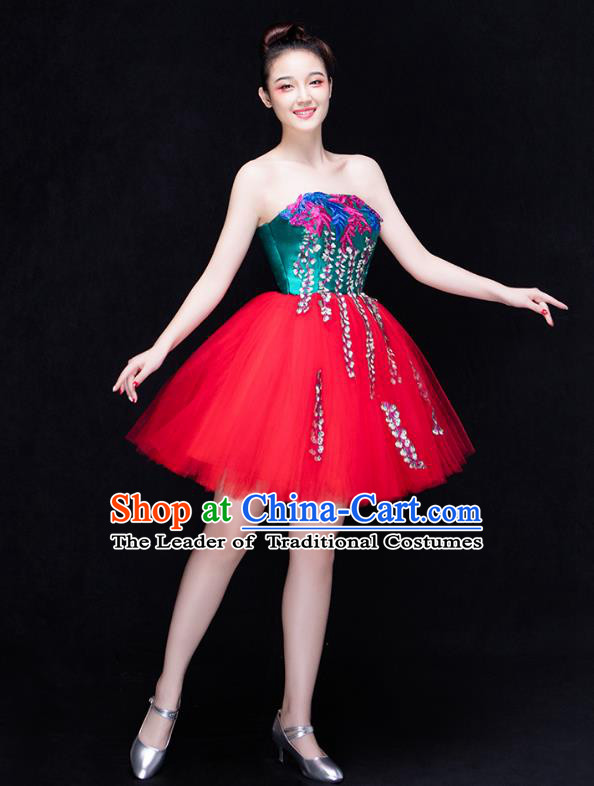 Traditional Chinese Modern Dance Fan Dance Costume, Opening Dance Chorus Red Veil Dress Clothing for Women