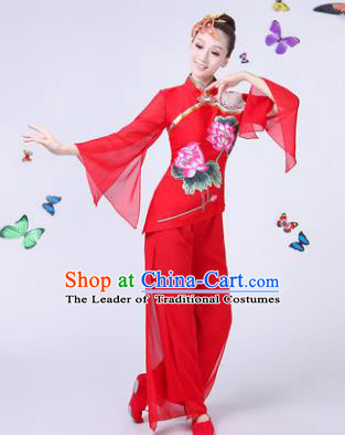 Traditional Chinese Classical Umbrella Dance Red Costume, China Yangko Folk Fan Dance Clothing for Women
