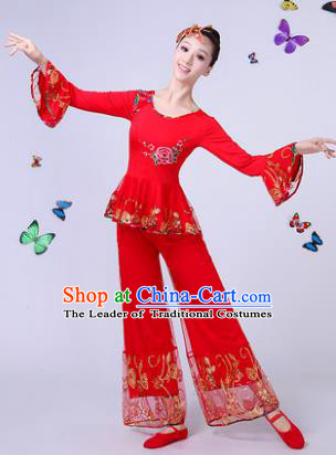 Traditional Chinese Classical Umbrella Dance Embroidered Lace Red Costume, China Yangko Folk Fan Dance Clothing for Women
