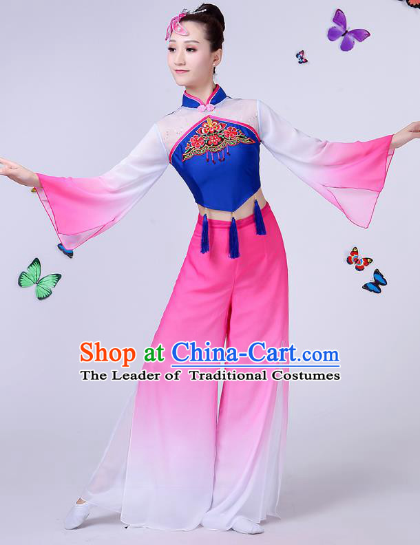 Traditional Chinese Classical Umbrella Dance Embroidered Peony Blue Costume, China Yangko Folk Fan Dance Clothing for Women