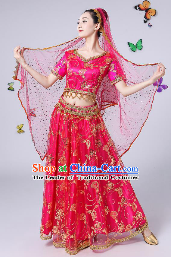 Traditional Chinese Uyghur Nationality Dance Costume, Chinese Uigurian Minority Nationality Dance Rosy Clothing for Women
