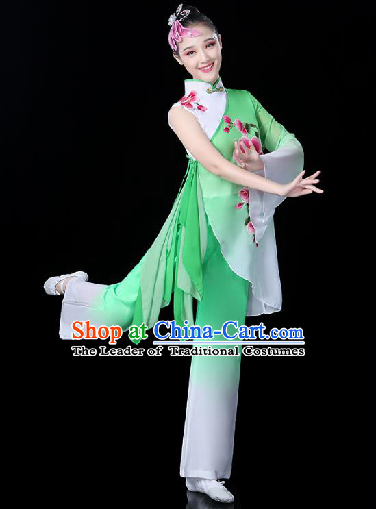 Traditional Chinese Classical Fan Dance Embroidered Costume, China Yangko Folk Dance Green Clothing for Women