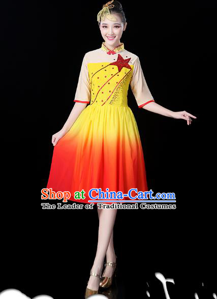 Traditional Chinese Modern Dance Opening Dance Clothing Chorus Yellow Dress for Women
