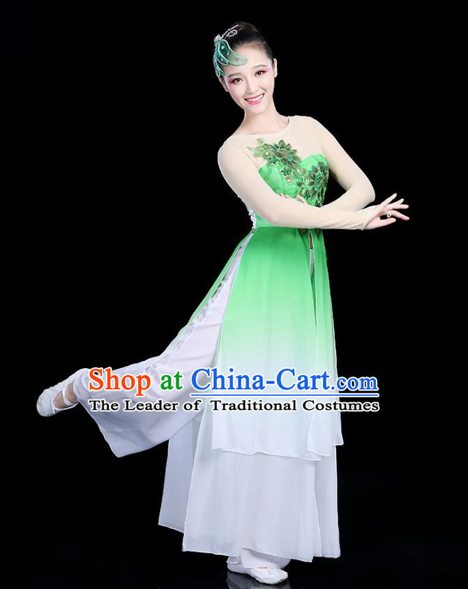 Traditional Chinese Classical Dance Green Uniform Fan Dance Costume, China Yangko Folk Umbrella Dance Clothing for Women