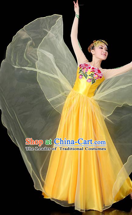 Traditional Chinese Modern Dance Opening Dance Clothing Chorus Classical Dance Embroidered Yellow Long Dress for Women