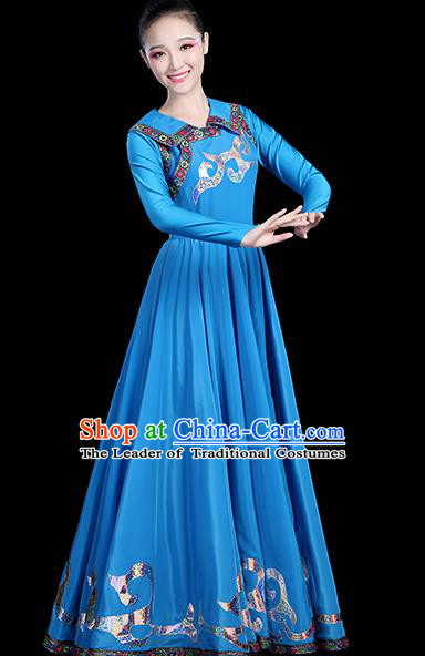 Traditional Chinese Mongol Nationality Dance Costume, Chinese Mongolian Minority Folk Dance Embroidery Blue Dress Clothing for Women