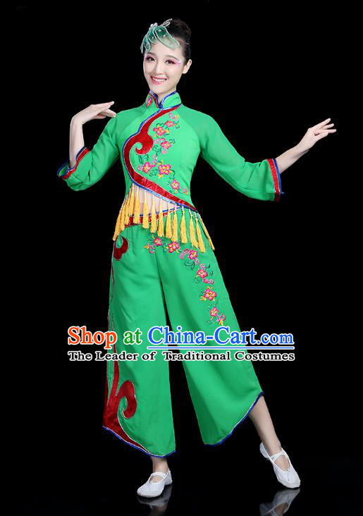 Traditional Chinese Yangge Fan Dance Green Costume, China Classical Folk Dance Yangko Umbrella Dance Clothing for Women