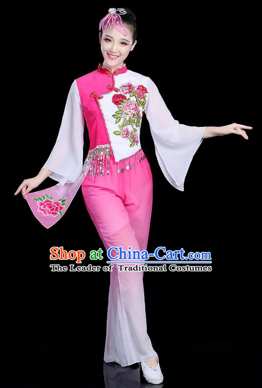 Traditional Chinese Yangge Fan Dance Pink Costume, China Classical Folk Dance Yangko Umbrella Dance Clothing for Women