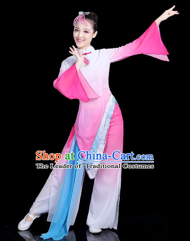 Traditional Chinese Yangge Fan Dance Costume, China Classical Folk Dance Yangko Umbrella Dance Pink Clothing for Women