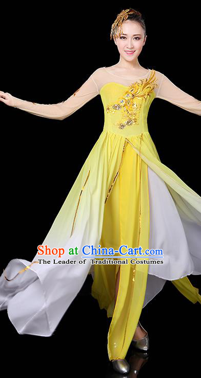 Traditional Chinese Modern Dance Opening Dance Clothing Chorus Yangko Dance Yellow Long Dress for Women