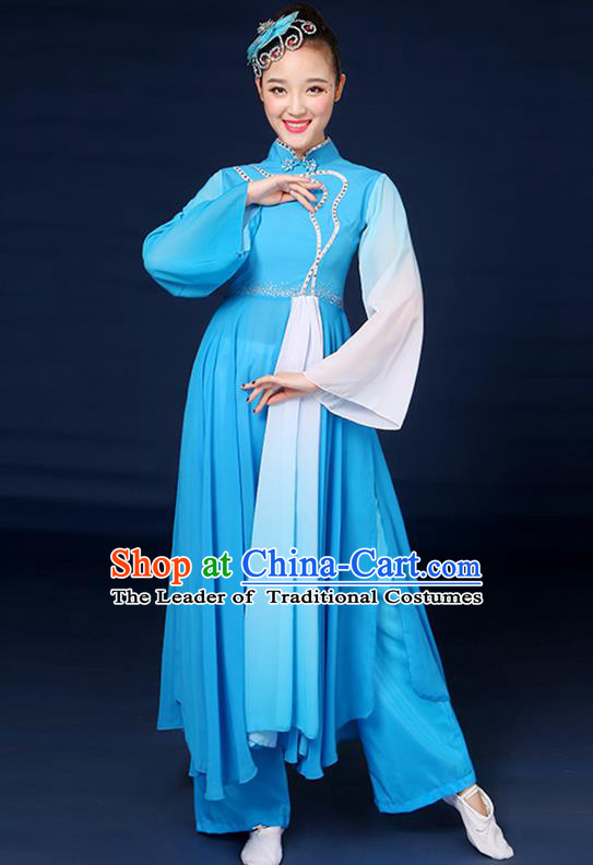 Traditional Chinese Yangge Fan Dance Embroidered Blue Dress, China Classical Folk Yangko Umbrella Dance Clothing for Women