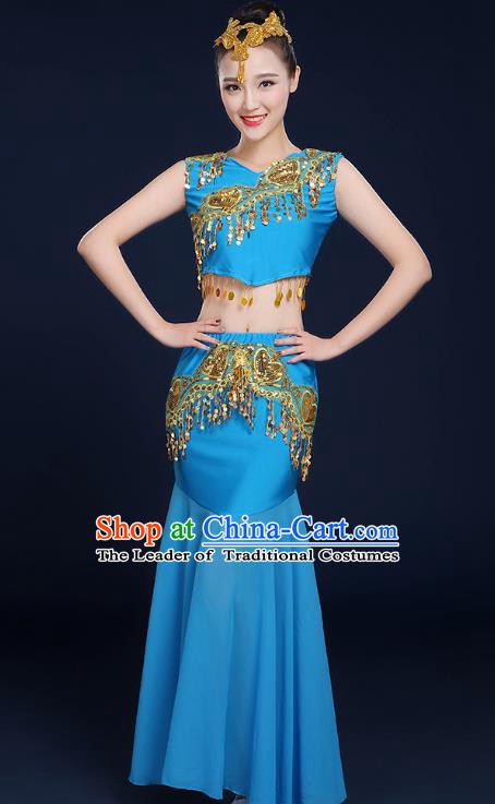 Traditional Chinese Dai Nationality Peacock Dance Costume, China Folk Dance Pavane Blue Dress for Women