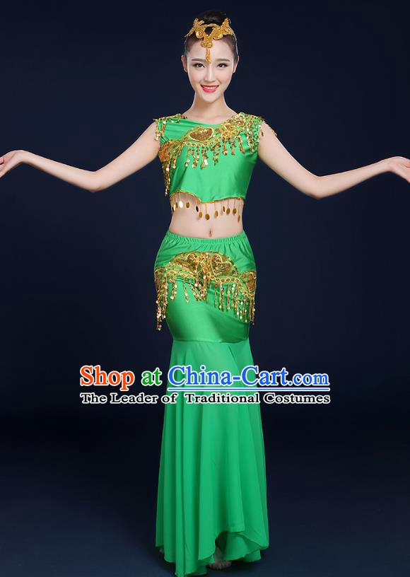 Traditional Chinese Dai Nationality Peacock Dance Costume, China Folk Dance Pavane Green Dress for Women