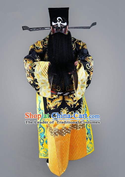 Chinese Beijing Opera Bao Zheng Costume Black Embroidered Robe, China Peking Opera Prime Minister Embroidery Gwanbok Clothing