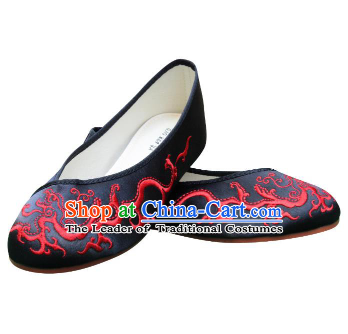Traditional Chinese National Bride Black Satin Embroidered Shoes, China Handmade Embroidery Hanfu Slippers for Women