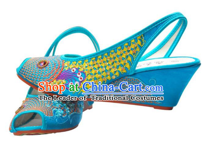 Traditional Chinese National Bride Blue Embroidered Sandal, China Handmade Embroidery Hanfu Wedge-soled Shoes for Women