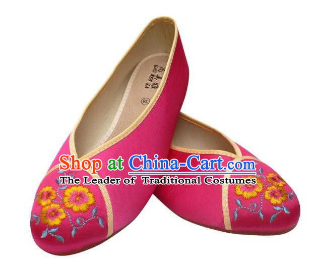 Traditional Chinese National Bride Rosy Cloth Embroidered Shoes, China Handmade Embroidery Flowers Hanfu Shoes for Women