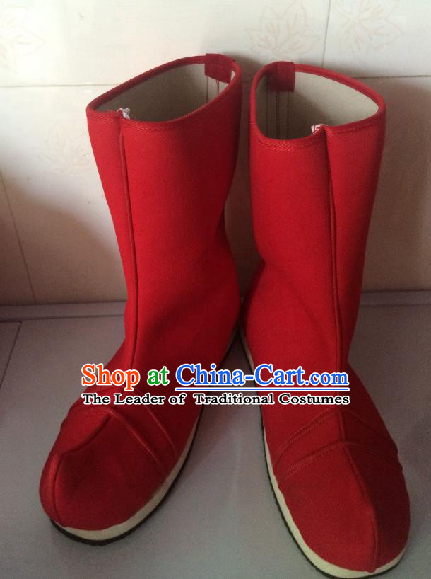 Traditional Chinese Ancient Peking Opera Takefu Red Boots, China Handmade Swordsman Hanfu Embroidery Shoes for Men