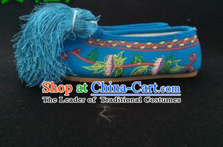 Traditional Chinese Ancient Blue Blood Stained Shoes, China Handmade Peking Opera Diva Hanfu Embroidery Shoes for Women