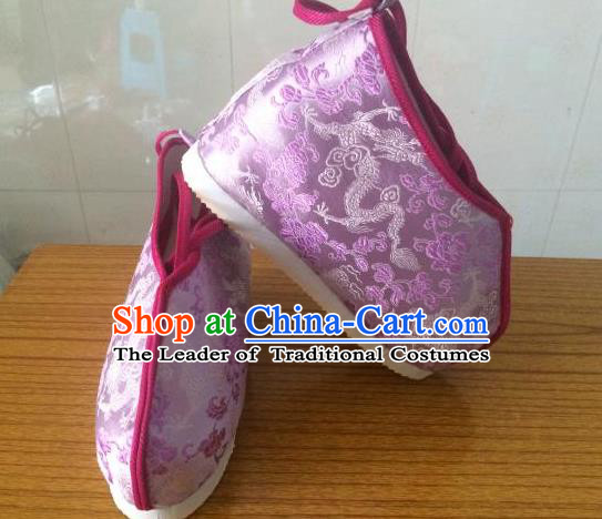 Traditional Chinese Ancient Swordsman Purple Satin Shoes, China Handmade Peking Opera Hanfu Embroidery Shoes for Women