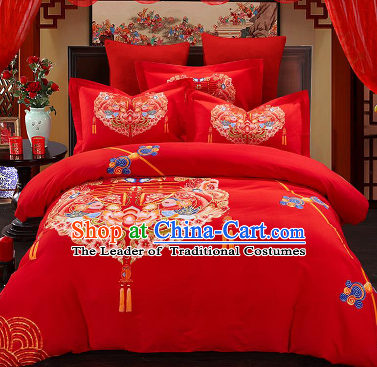 Traditional Chinese Style Wedding Bedding Set, China National Printing Peony Red Textile Bedding Sheet Quilt Cover Complete Set