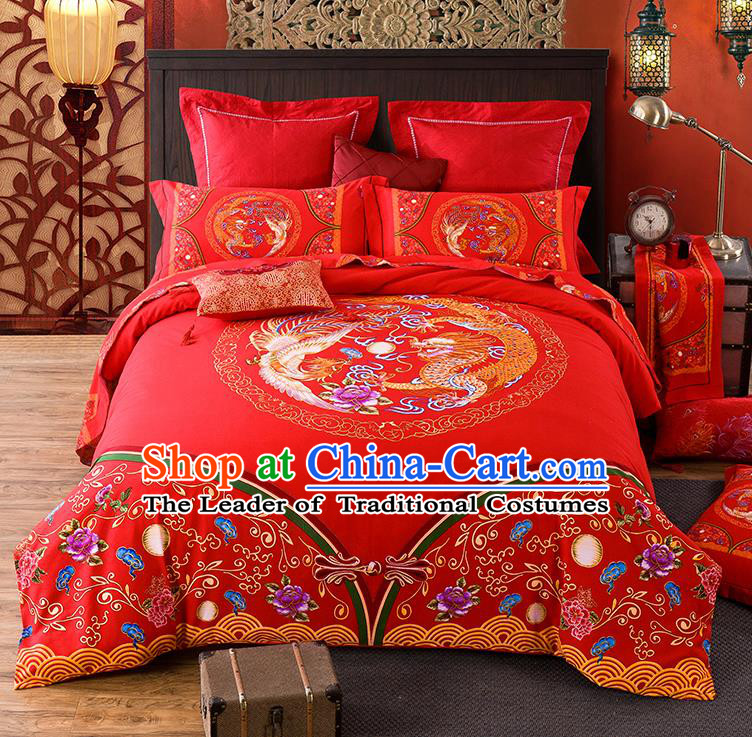 Traditional Chinese Style Wedding Bedding Set, China National Marriage Printing Dragon and Phoenix Flowers Red Textile Bedding Sheet Quilt Cover Complete Set