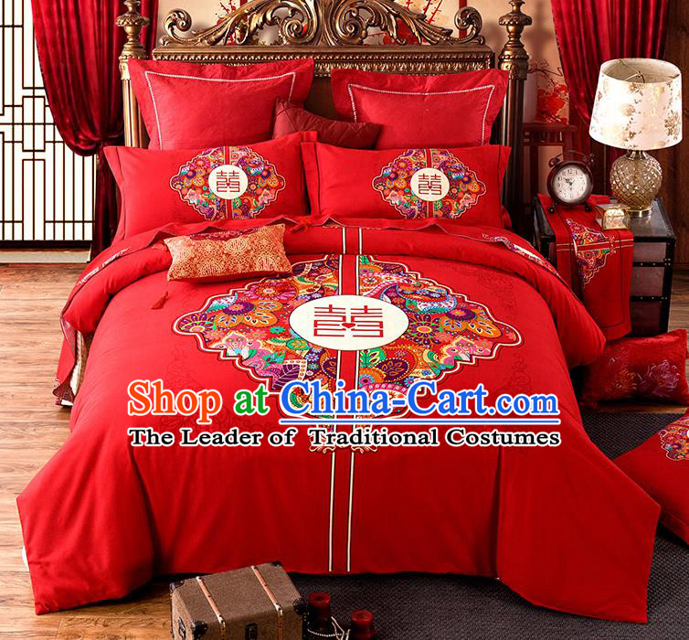 Traditional Chinese Style Wedding Bedding Set, China National Marriage Printing Happy Character Flowers Red Textile Bedding Sheet Quilt Cover Complete Set