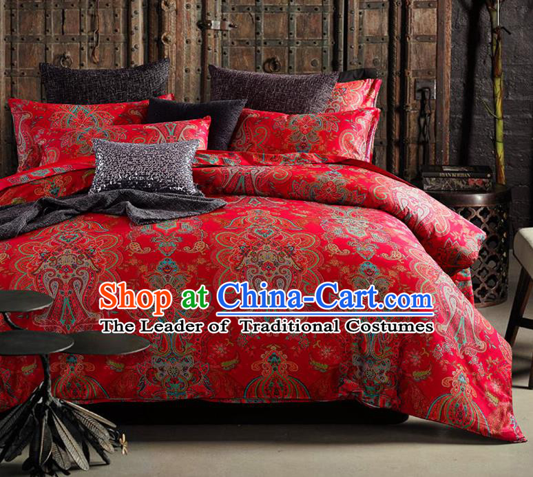 Traditional Chinese Style Wedding Bedding Set, China National Marriage Printing Red Satin Textile Bedding Sheet Quilt Cover Four-piece suit