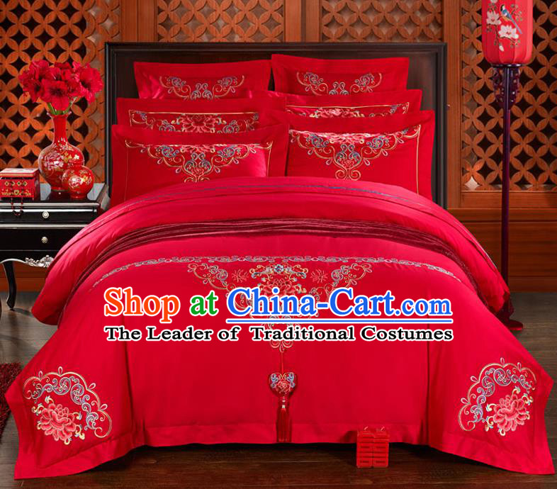 Traditional Chinese Style Wedding Bedding Set, China National Marriage Embroidery Peony Tassel Red Textile Bedding Sheet Quilt Cover Six-piece suit