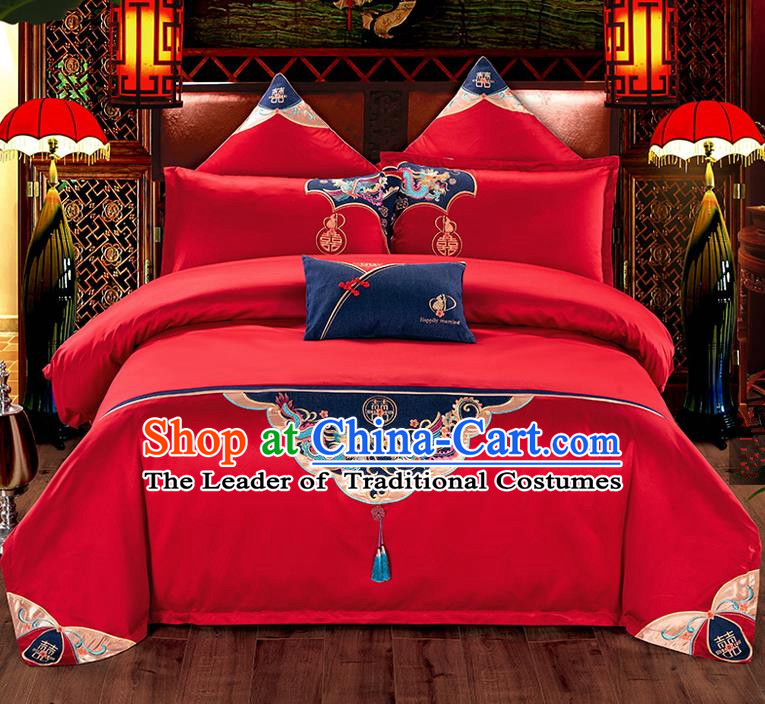 Traditional Chinese Style Wedding Bedding Set, China National Marriage Printing Red Textile Bedding Sheet Quilt Cover Four-piece suit