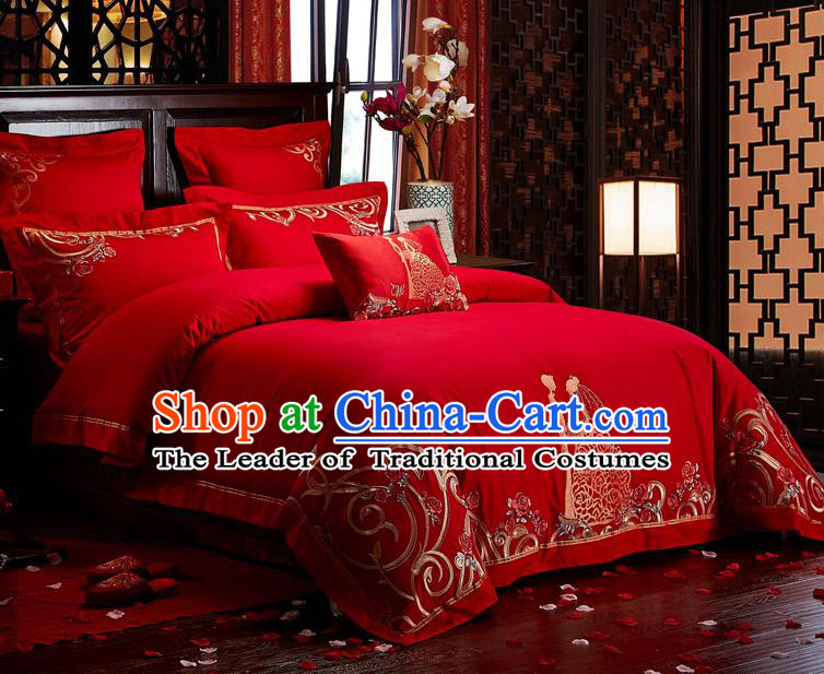 Traditional Chinese Style Wedding Bedding Set, China National Marriage Embroidery Bride Red Textile Bedding Sheet Quilt Cover Seven-piece suit