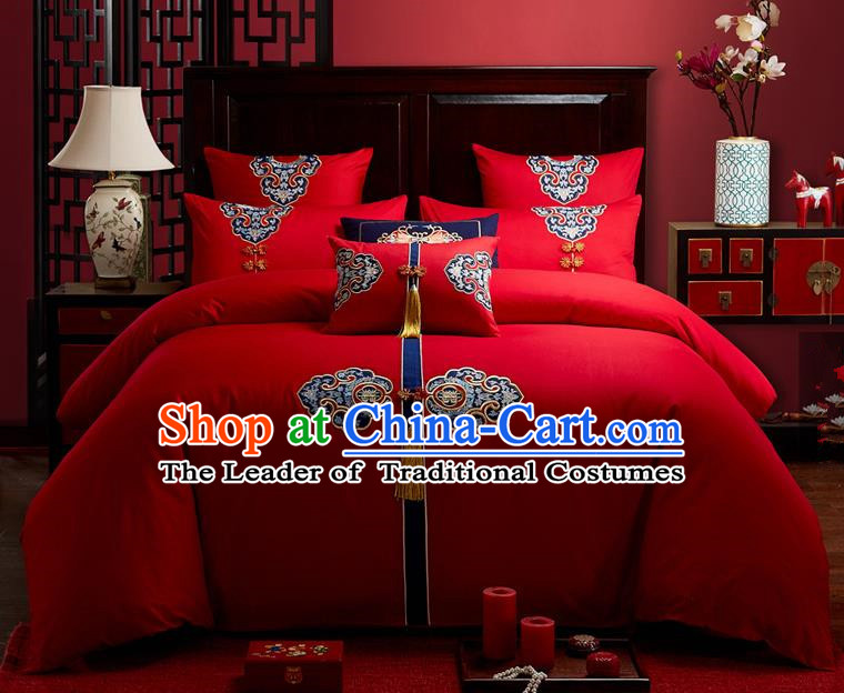 Traditional Chinese Style Wedding Bedding Set, China National Marriage Embroidery Tassel Red Textile Bedding Sheet Quilt Cover Seven-piece suit