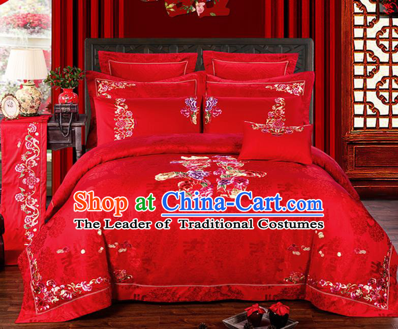 Traditional Chinese Style Marriage Bedding Set Embroidered Peony Wedding Celebration Red Satin Drill Textile Bedding Sheet Quilt Cover Ten-piece Suit