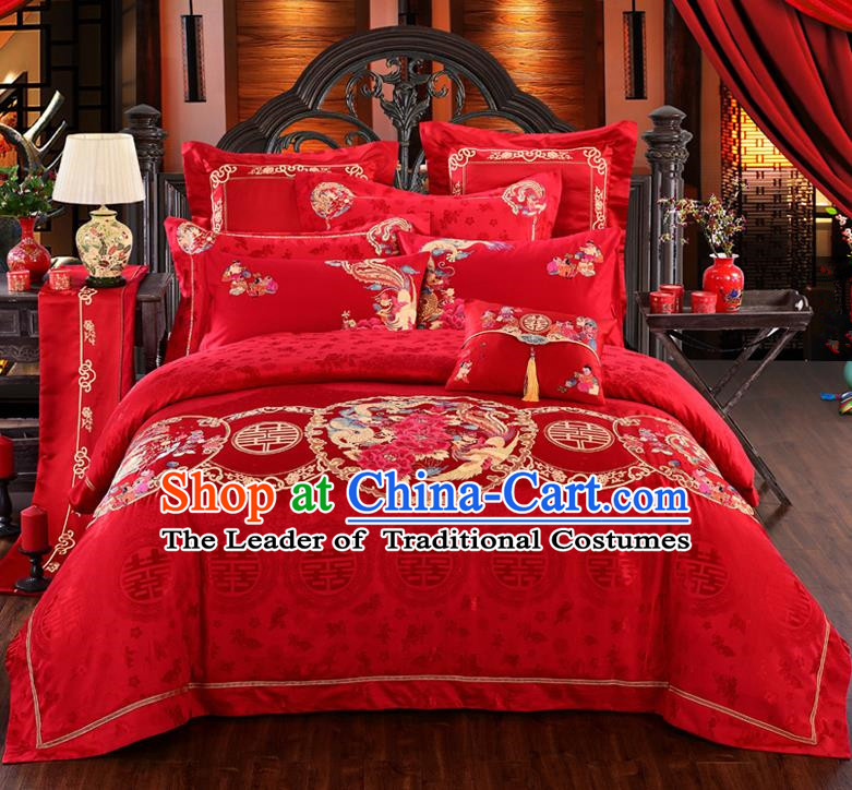 Traditional Chinese Style Marriage Bedding Set Embroidered Phoenix Peony Wedding Celebration Red Satin Drill Textile Bedding Sheet Quilt Cover Ten-piece Suit