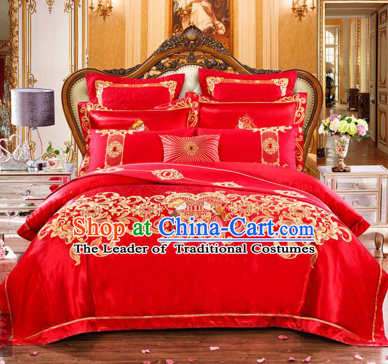 Traditional Chinese Style Marriage Bedding Set Embroidered Wedding Celebration Red Satin Drill Textile Bedding Sheet Quilt Cover Ten-piece Suit