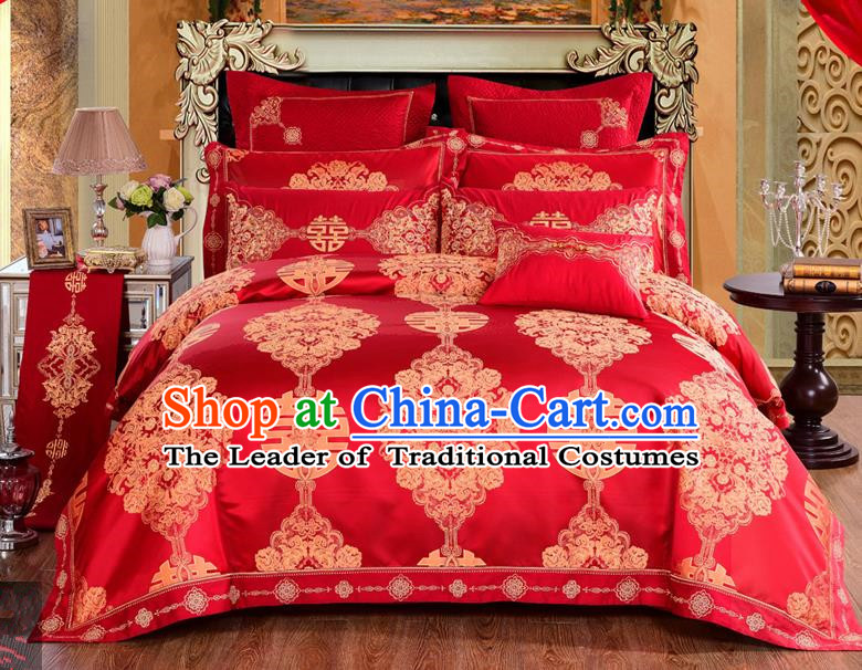 Traditional Chinese Style Marriage Bedding Set Wedding Celebration Red Satin Drill Textile Bedding Sheet Quilt Cover Ten-piece Suit