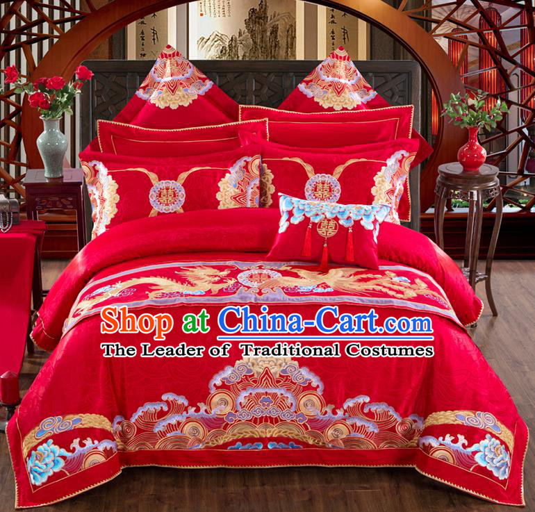 Traditional Chinese Style Marriage Embroidered Bedding Set Wedding Celebration Red Satin Drill Textile Bedding Sheet Quilt Cover Ten-piece Suit