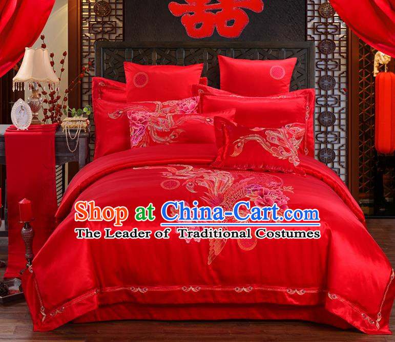 Traditional Chinese Style Marriage Embroidered Dragon and Phoenix Bedding Set Wedding Celebration Red Satin Drill Textile Bedding Sheet Quilt Cover Ten-piece Suit
