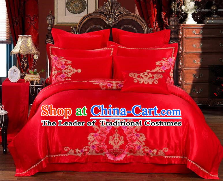 Traditional Chinese Style Marriage Embroidered Flowers Bedding Set Wedding Celebration Red Satin Drill Textile Bedding Sheet Quilt Cover Ten-piece Suit