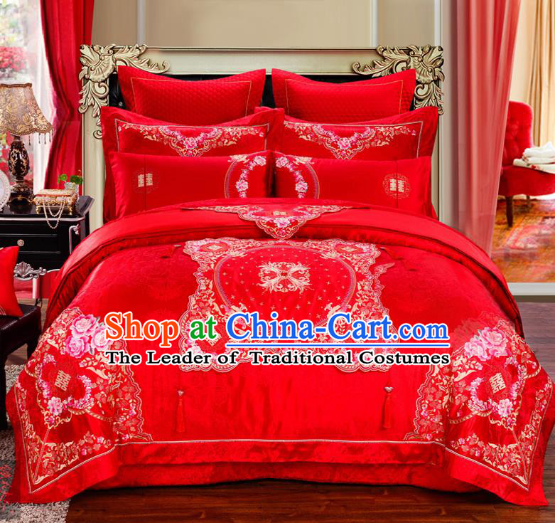 Traditional Chinese Style Marriage Embroidered Peony Bedding Set Wedding Celebration Red Satin Drill Textile Bedding Sheet Quilt Cover Ten-piece Suit