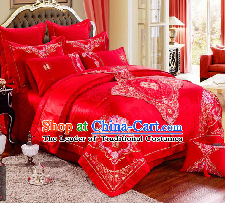 Traditional Chinese Style Wedding Bedding Article Embroidery Dragon and Phoenix Sheet and Duvet Cover Red Textile Bedding Suit