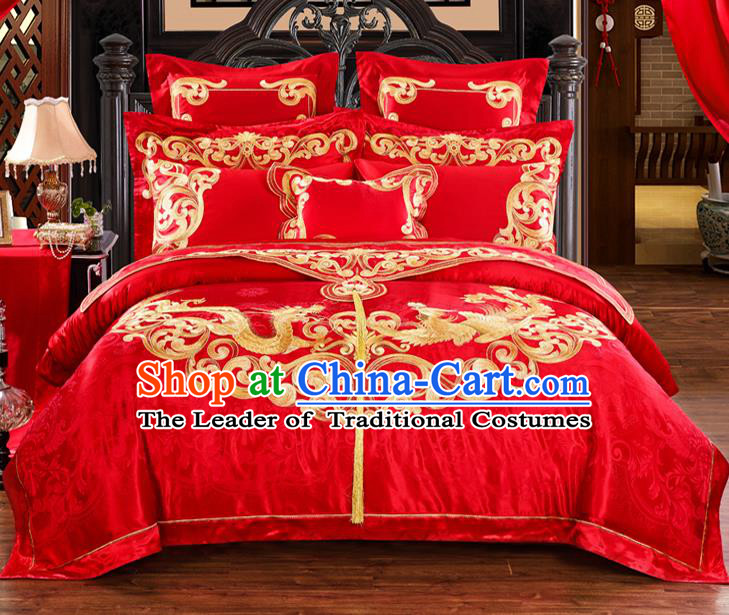 Traditional Chinese Style Marriage Bedding Set Printing Dragon Phoenix Wedding Red Satin Textile Bedding Sheet Quilt Cover Ten-piece Suit