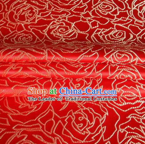 Chinese Royal Palace Traditional Costume Rose Pattern Red Satin Brocade Fabric, Chinese Ancient Clothing Drapery Hanfu Cheongsam Material